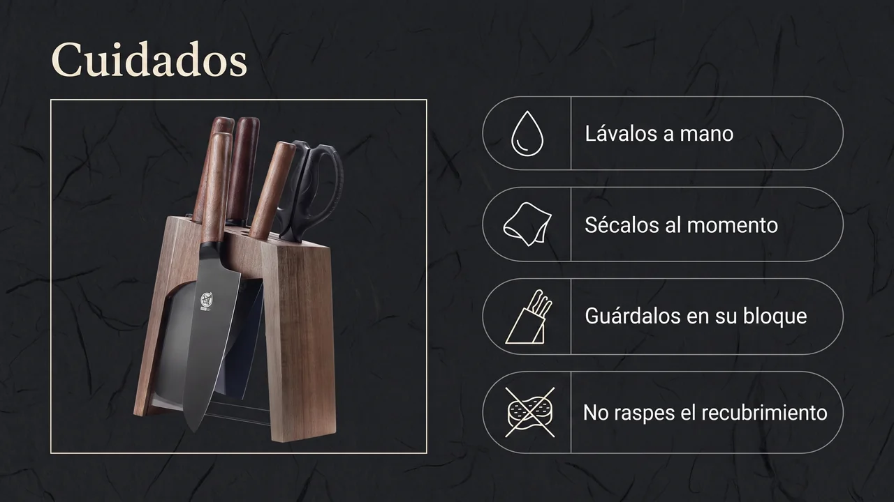 Cuidados del juego MITSUMOTO SAKARI de titanio negro: lavado a mano, secado inmediato, guardado en su bloque y sin raspar el recubrimiento