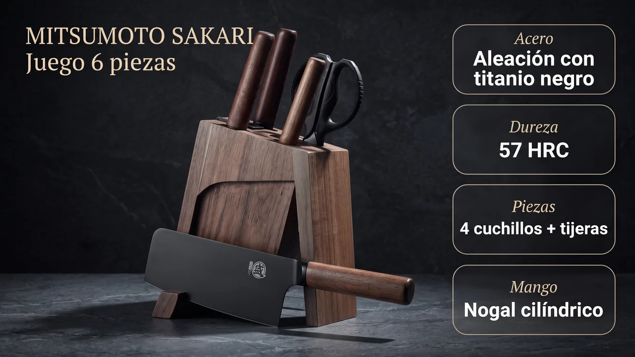 Ficha técnica del juego MITSUMOTO SAKARI: aleación con titanio negro, 57 HRC, 4 cuchillos más tijeras y mango de nogal
