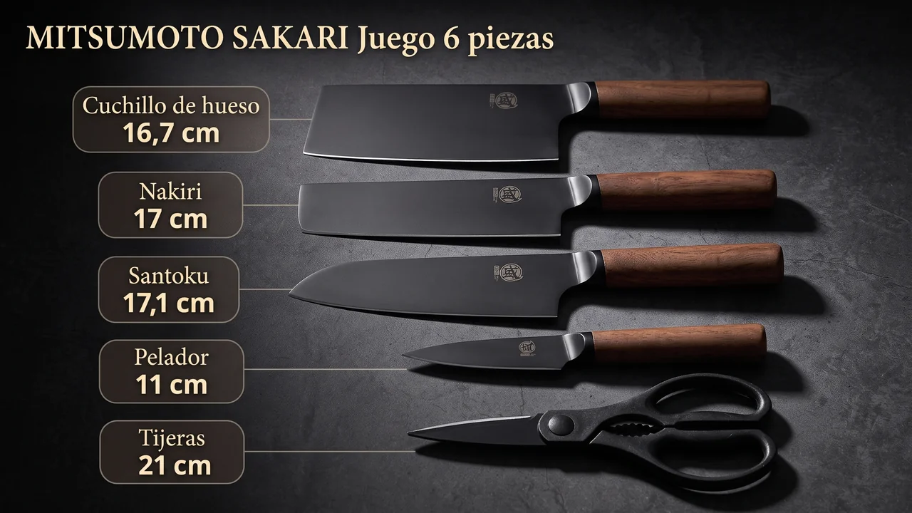 Las cinco piezas del juego MITSUMOTO SAKARI de titanio negro: cuchillo de hueso, nakiri, santoku, pelador y tijeras, con sus medidas