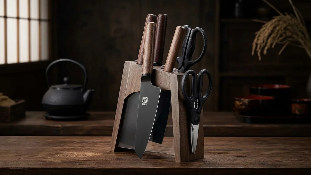 Juego de 6 cuchillos japoneses Mitsumoto Sakari de titanio negro con bloque de madera