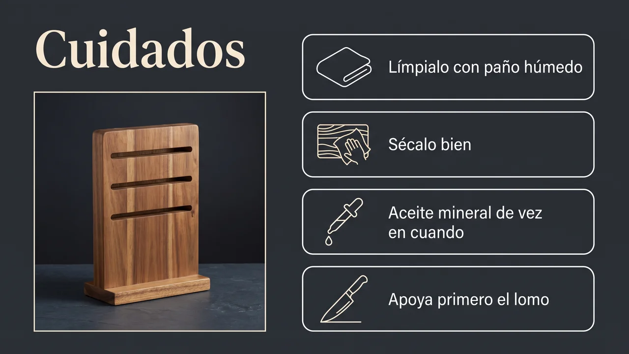 Cuidados del soporte de acacia MITSUMOTO SAKARI: limpiarlo con paño húmedo, secarlo bien y tratar la madera con aceite mineral