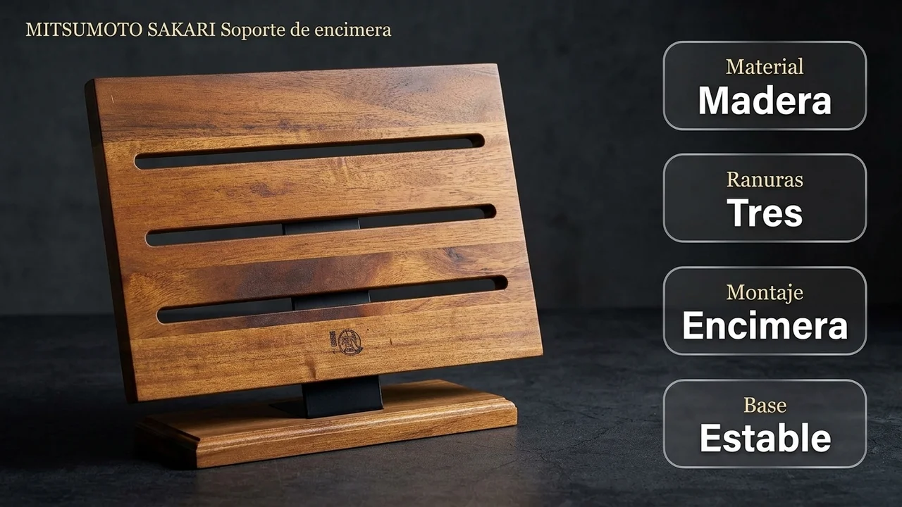 Ficha técnica del soporte MITSUMOTO SAKARI: madera de acacia, tres ranuras, montaje en encimera y base estable