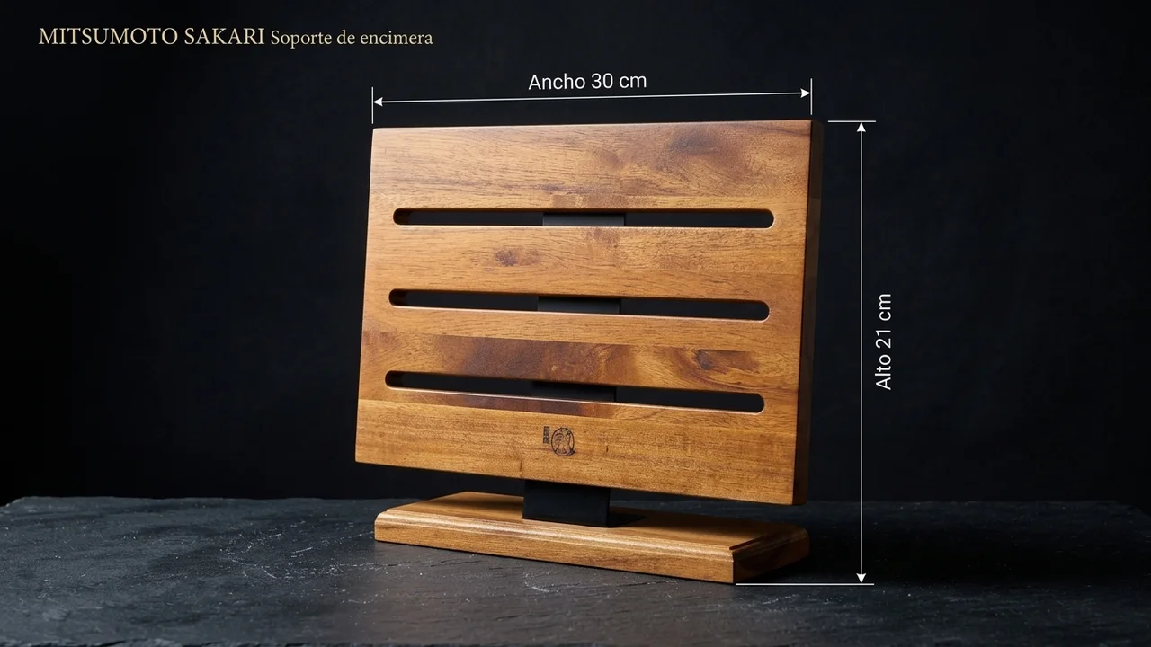Soporte de cuchillos MITSUMOTO SAKARI acotado: 30 cm de ancho y 21 cm de alto en madera de acacia