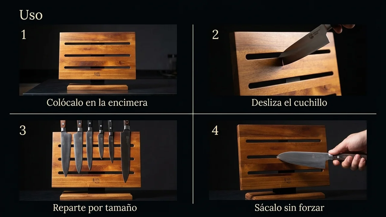 Soporte magnetico MITSUMOTO de encimera en uso, con los cuchillos sujetos a la madera de acacia