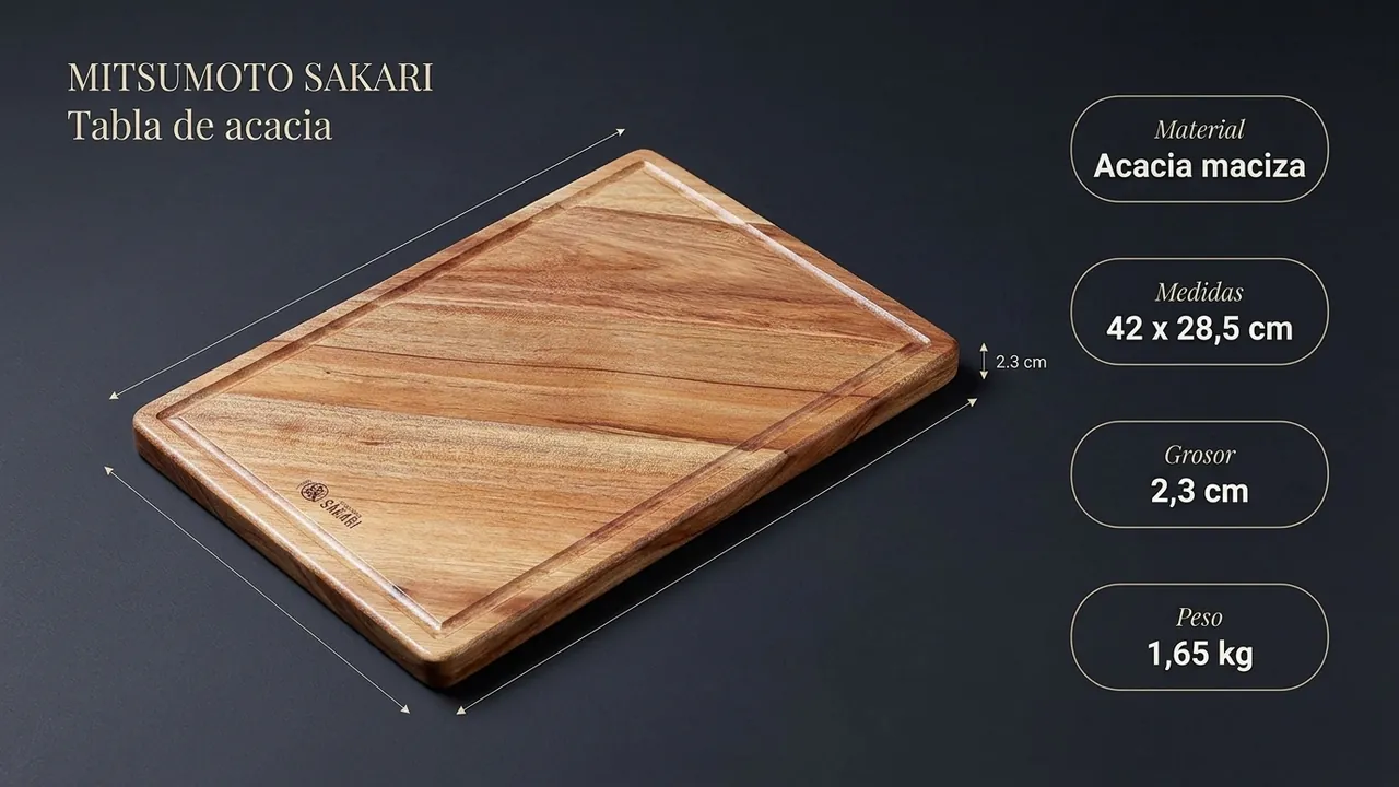 Ficha técnica de la tabla Mitsumoto Sakari: acacia maciza, 42 x 28,5 cm, 2,3 cm de grosor y 1,65 kg
