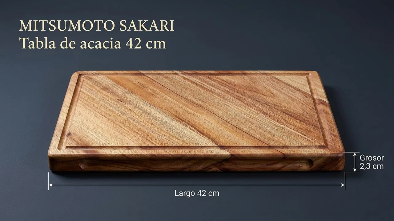 Medidas de la tabla de cortar Mitsumoto Sakari de acacia: 42 cm de largo y 2,3 cm de grosor