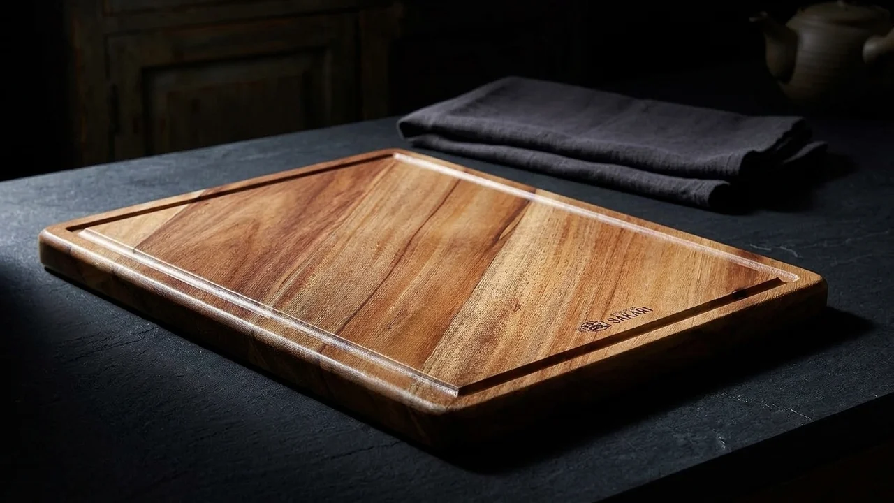 Tabla de cortar japonesa Mitsumoto Sakari de madera de acacia con ranuras