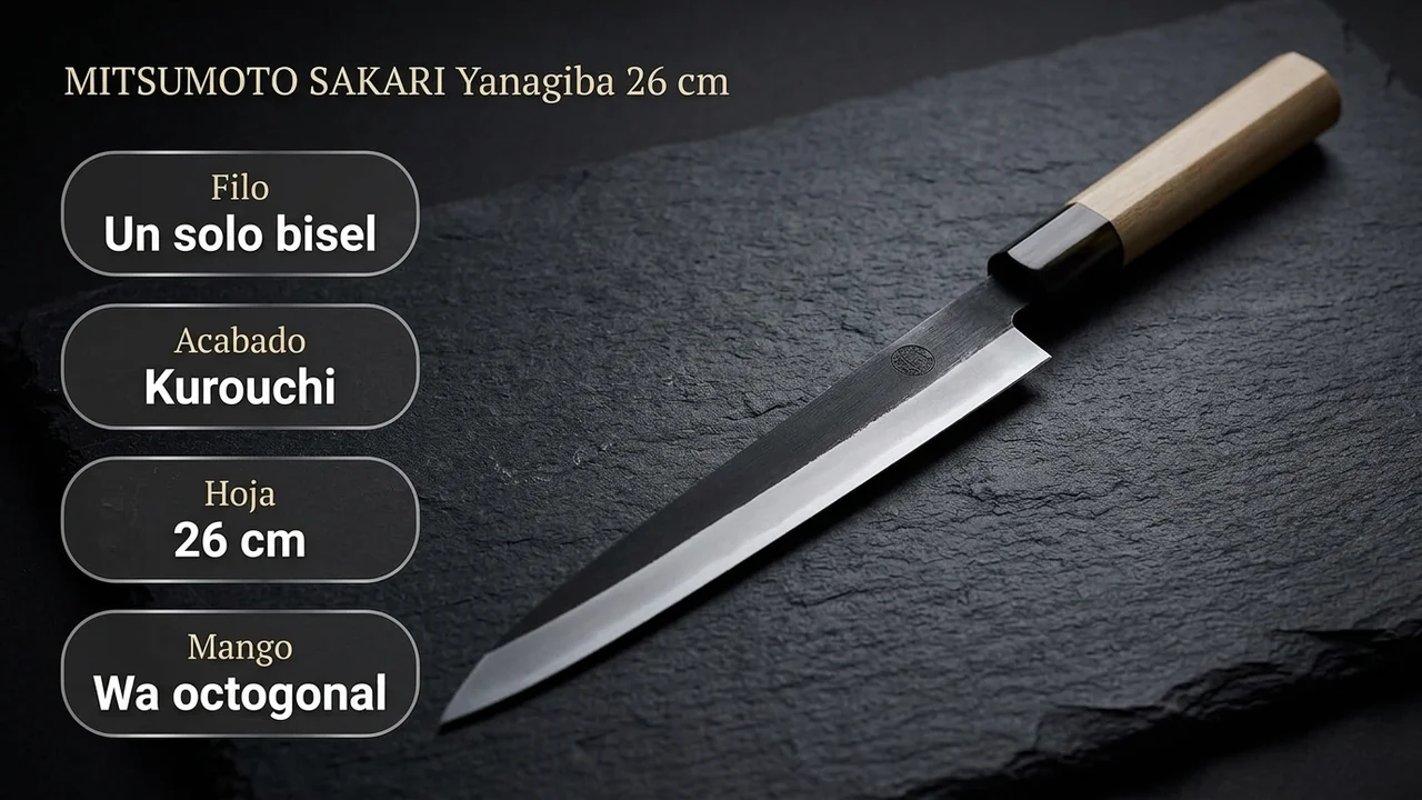 Ficha técnica del yanagiba MITSUMOTO SAKARI de 26 cm: filo de un solo bisel, acabado kurouchi y mango wa de madera