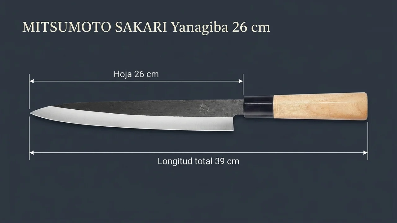 Medidas del yanagiba MITSUMOTO SAKARI de 26 cm: hoja de 26 cm y 39 cm de longitud total, acotadas sobre pizarra oscura