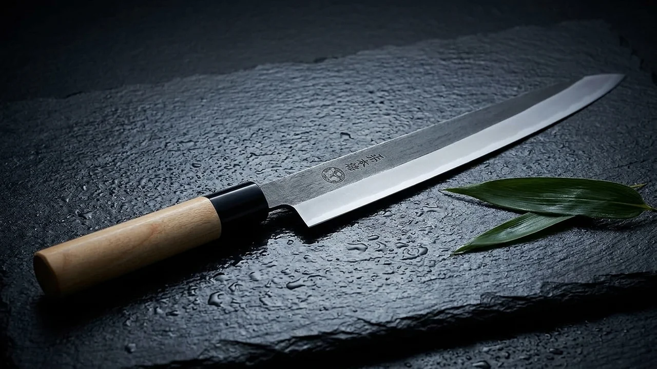 Cuchillo yanagiba japonés Mitsumoto Sakari de 26 cm monobisel con mango de madera Fraxinus