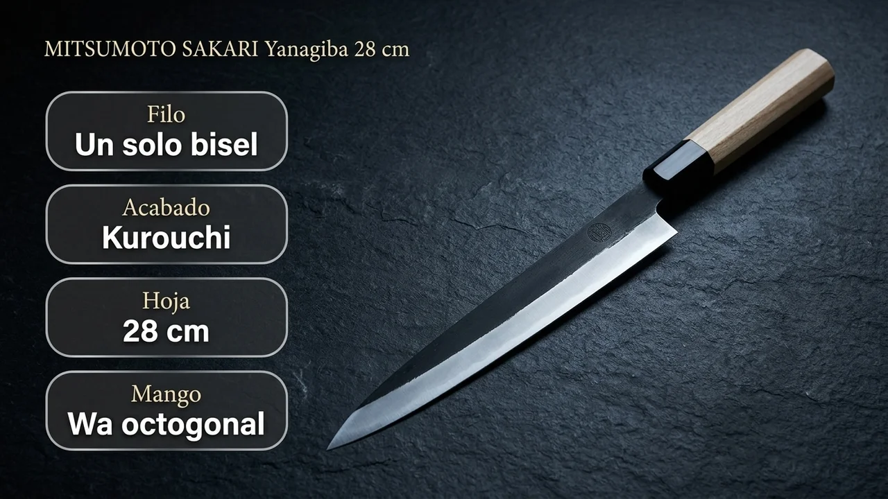 Datos del yanagiba MITSUMOTO SAKARI de 28 cm: aleación de tungsteno, un solo bisel y lomo de 4 mm de grosor