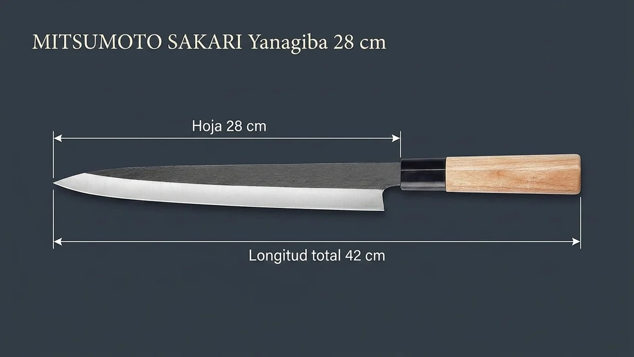Medidas del yanagiba MITSUMOTO SAKARI de 28 cm: hoja de 28 cm y 42 cm de longitud total, la pieza más larga de la serie