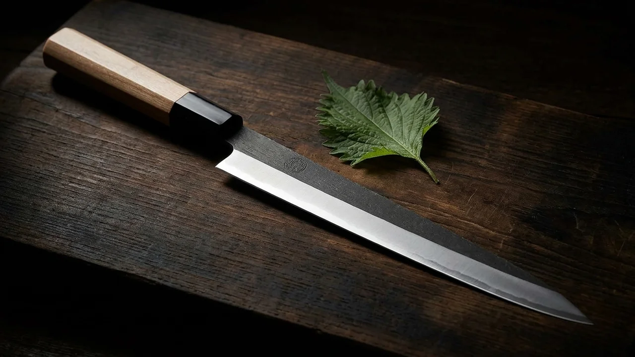 Cuchillo yanagiba japonés Mitsumoto Sakari de 28 cm monobisel con mango de madera Fraxinus