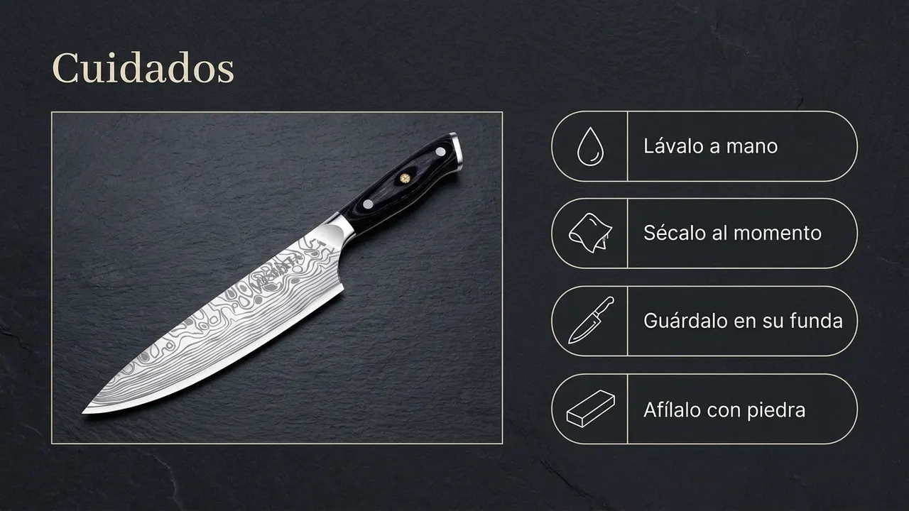 Cuidados del chef MOSFiATA: lavarlo a mano, secarlo al momento, guardarlo en su funda y afilarlo con piedra