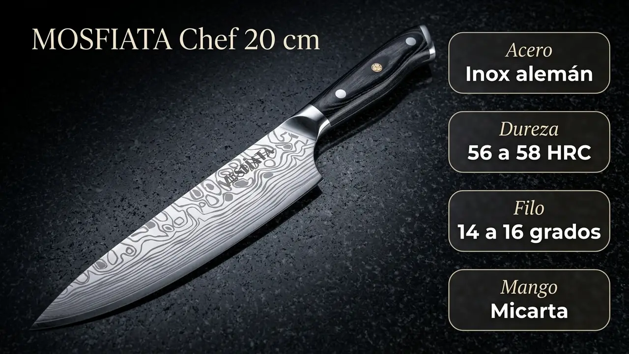 Datos del chef MOSFiATA: acero inoxidable alemán de 56 a 58 HRC, filo de 14 a 16 grados y mango de micarta