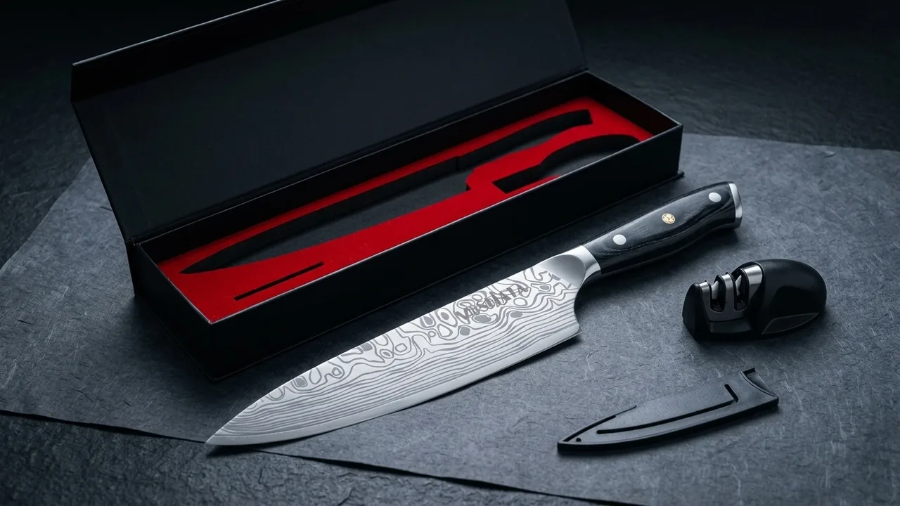 Cuchillo de chef MOSFiATA con su caja de regalo abierta, el afilador y la funda protectora
