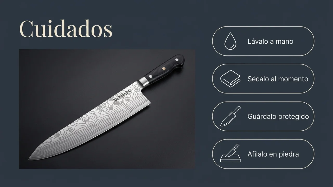 Cuidados del chef MOSFiATA de 25 cm: lavar a mano, secar al momento, guardar protegido y afilar en piedra