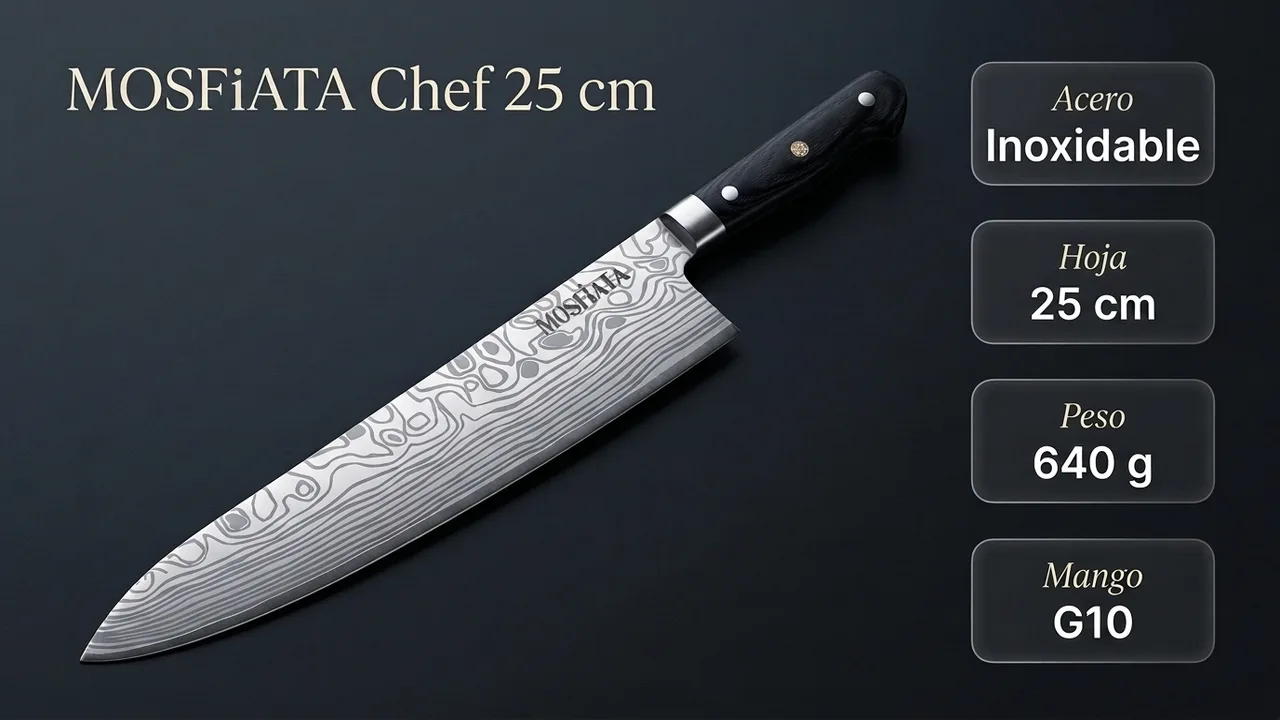 Datos del chef MOSFiATA de 25 cm: acero inoxidable, 640 gramos de peso y mango de G10