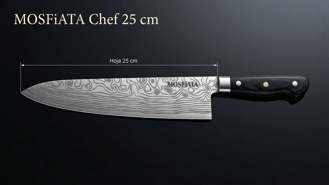 Cuchillo de chef MOSFiATA de 25 cm acotado: hoja larga de acero inoxidable y mango de G10