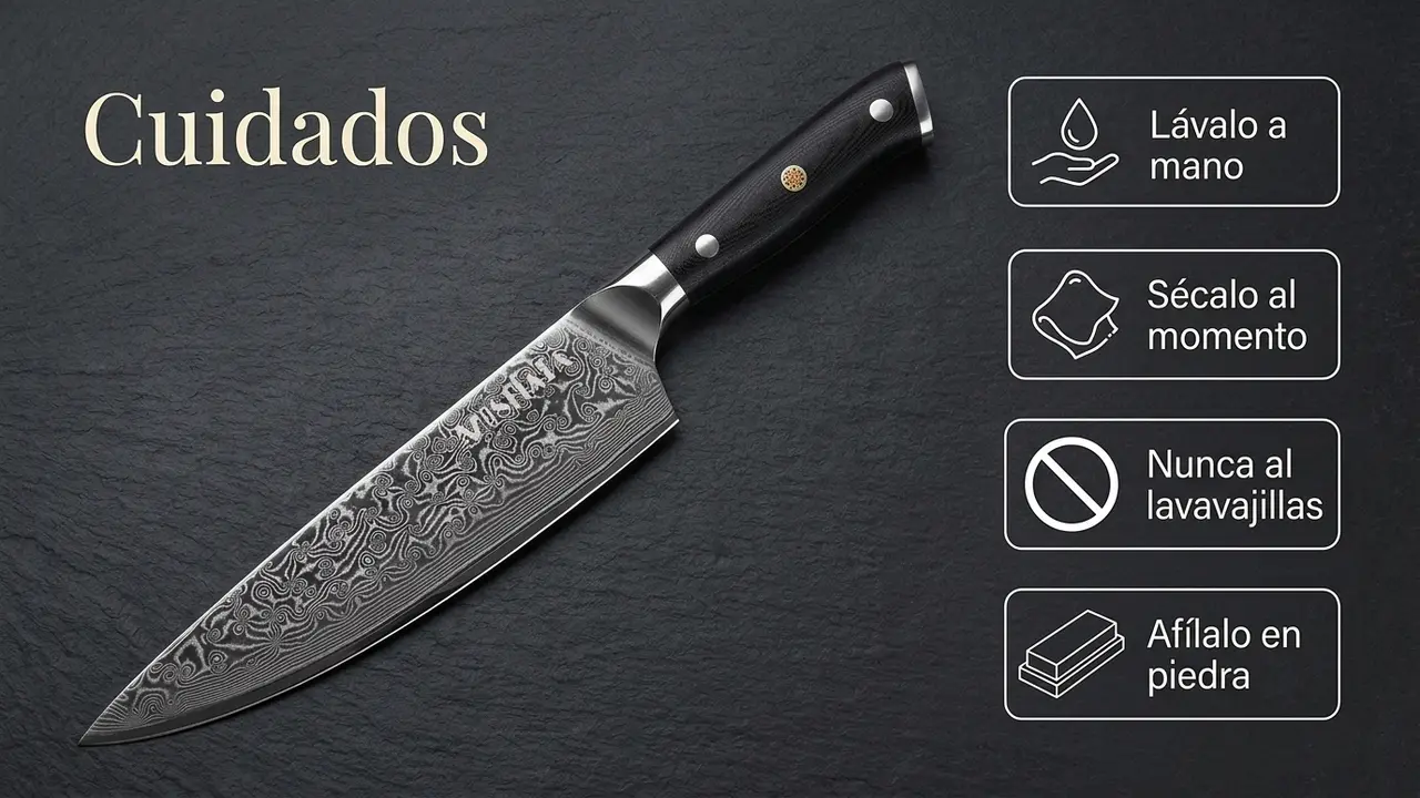 Cuidados del chef MOSFiATA de damasco: lavar a mano, secar al momento, nunca al lavavajillas y afilar en piedra