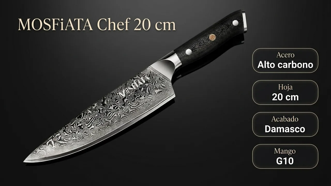 Datos del chef MOSFiATA: acero de alto carbono con acabado damasco, hoja de 20 cm y mango de G10