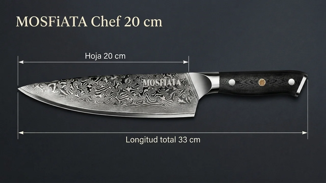 Cuchillo de chef MOSFiATA de damasco acotado: hoja de 20 cm y 33 cm de longitud total