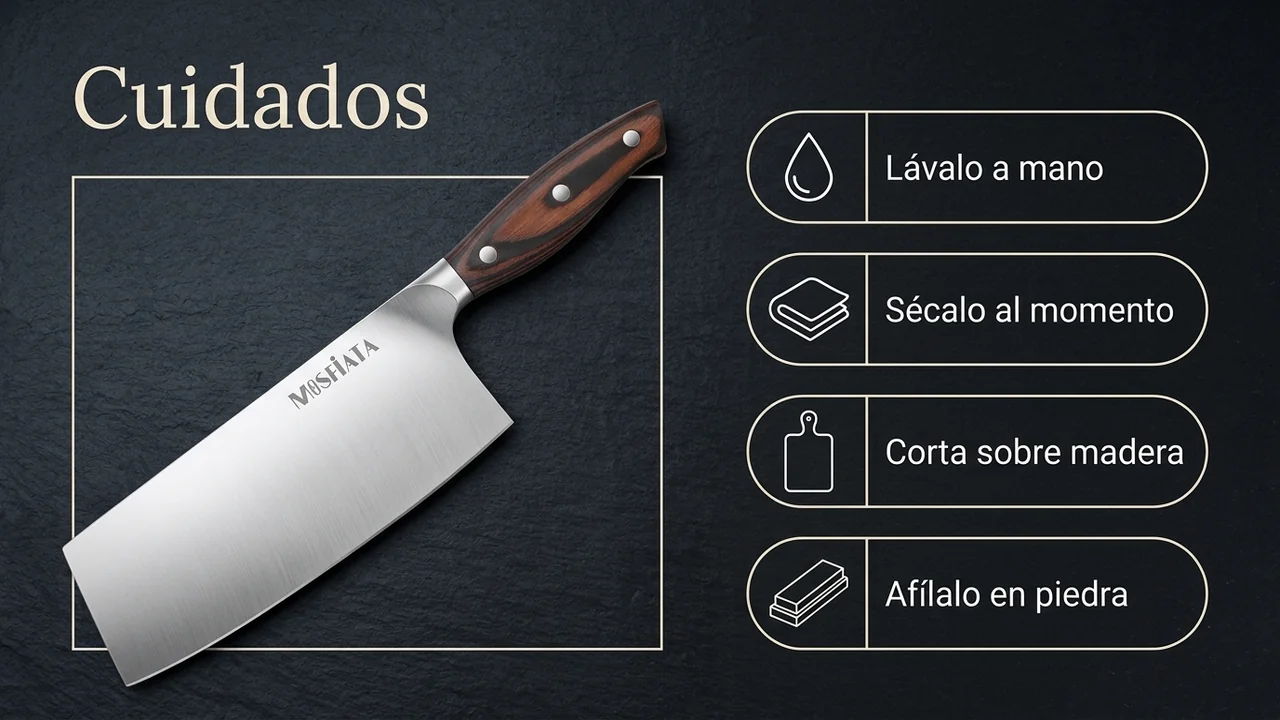 Cuidados del cuchillo chino MOSFiATA: lavado a mano, secado al momento, corte sobre madera y afilado en piedra