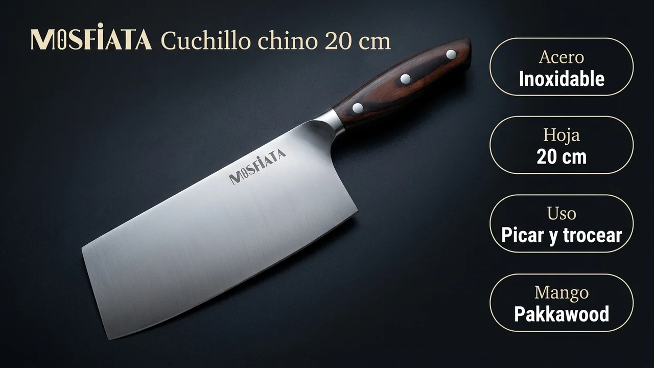 Ficha técnica del cuchillo chino MOSFiATA: acero inoxidable, hoja de 20 cm para picar y trocear, mango de pakkawood