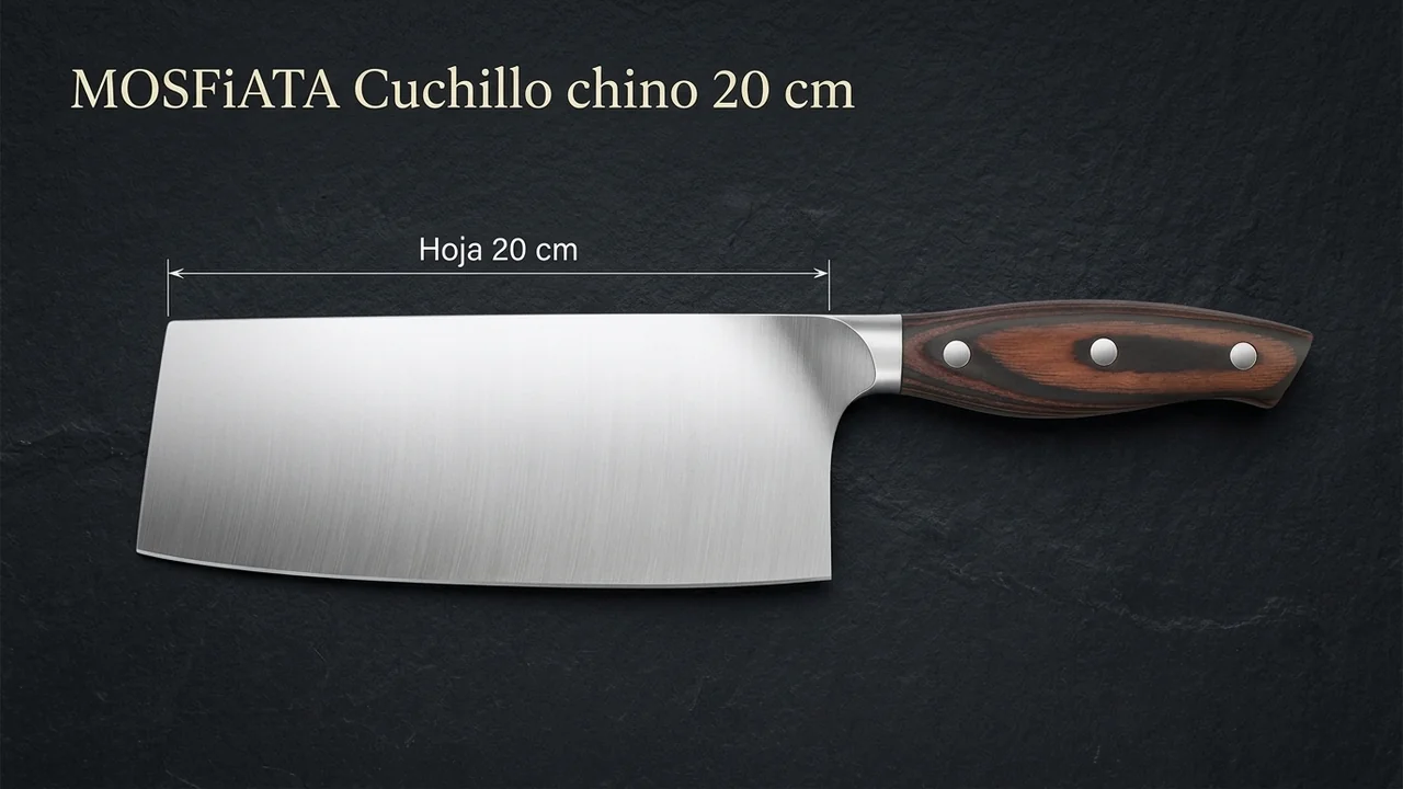 Cuchillo chino MOSFiATA sobre pizarra oscura, con la cota de la hoja de 20 cm de la punta al talón
