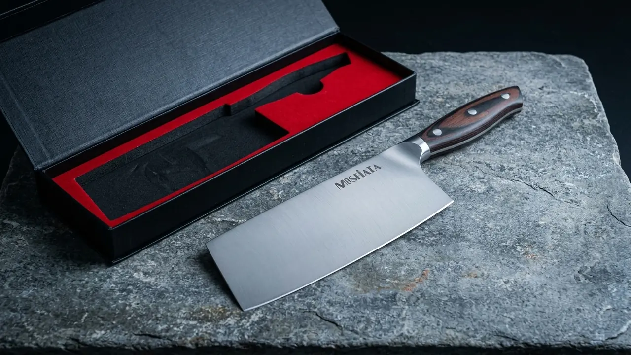 El cuchillo chino MOSFiATA junto a su caja de regalo negra con interior rojo, sobre piedra oscura