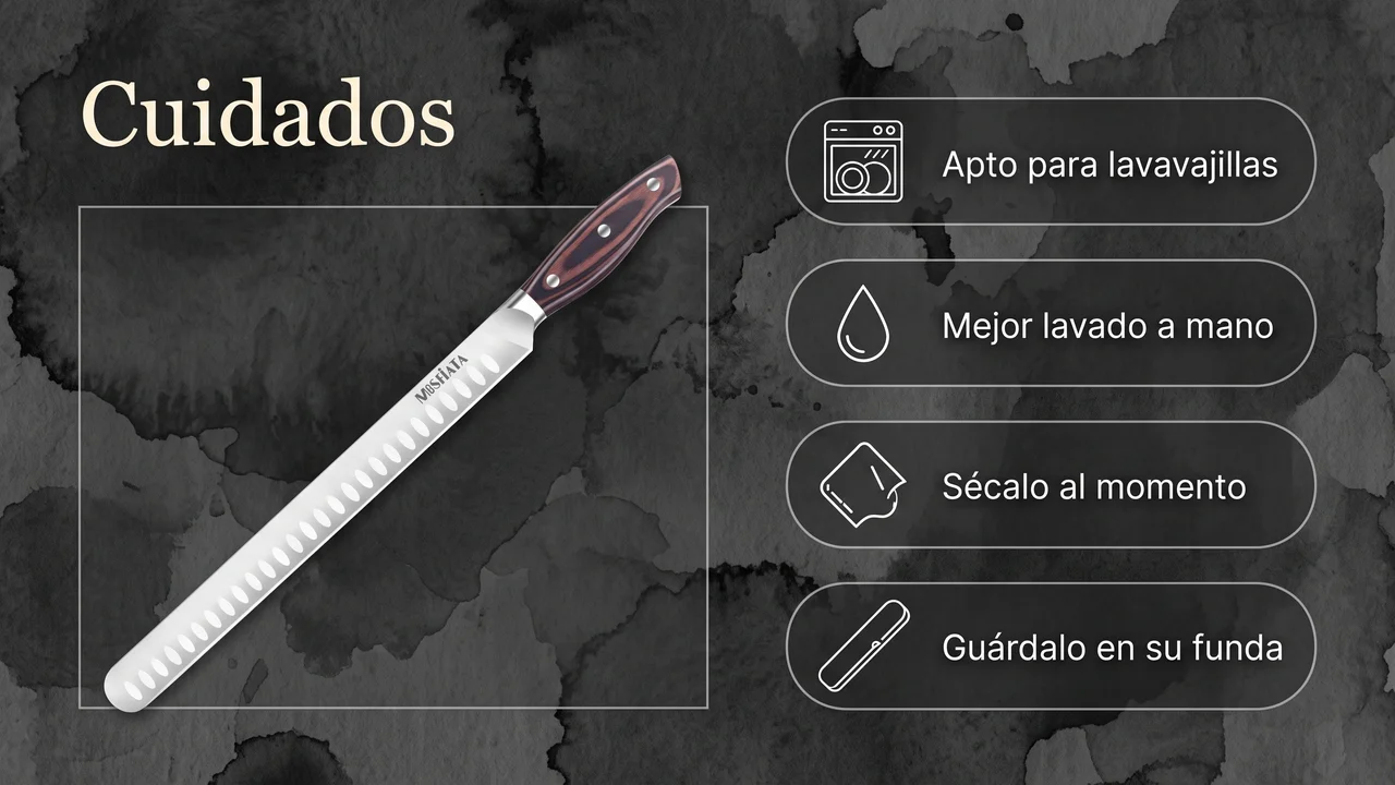 Cuidados del jamonero MOSFiATA: apto para lavavajillas, mejor a mano, secar al momento y guardar en su funda