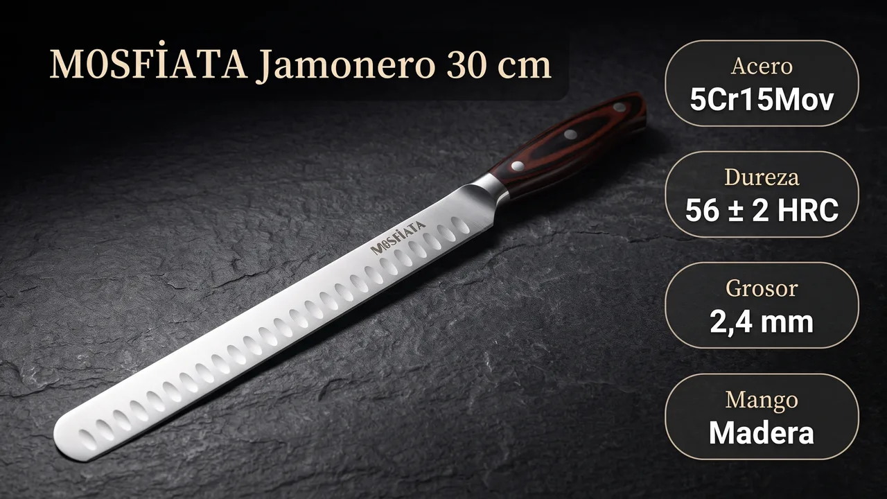 Datos del jamonero MOSFiATA: acero 5Cr15Mov, 56 HRC, 2,4 mm de grosor y mango de madera