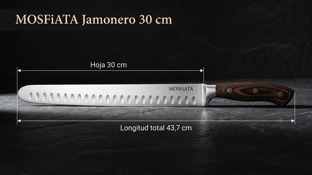 Medidas del jamonero MOSFiATA: hoja de 30 cm y 43,7 cm de longitud total