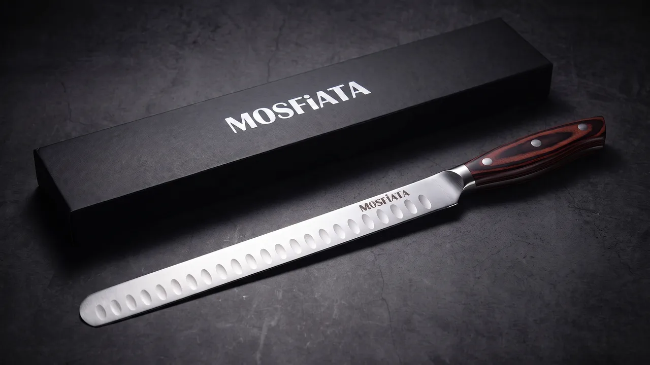 Cuchillo jamonero MOSFiATA de 30 cm junto a su estuche negro de regalo