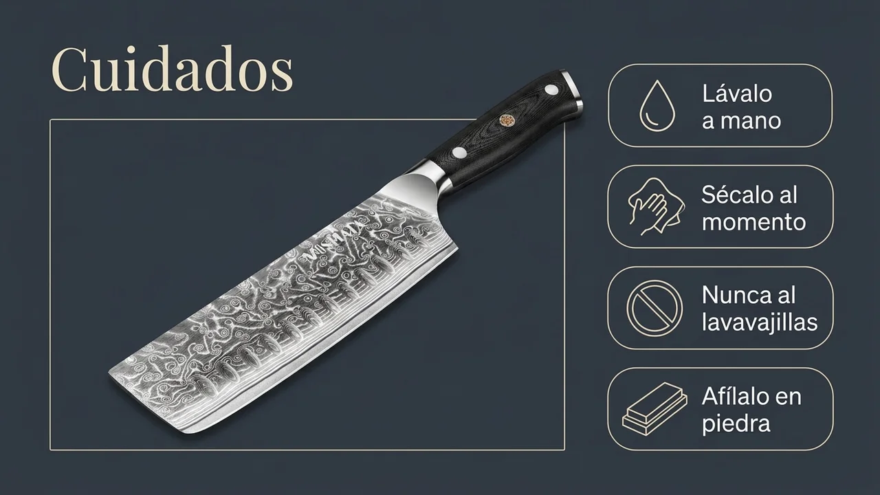 Cuidados del nakiri MOSFiATA de damasco: lavar a mano, secar al momento, nunca al lavavajillas y afilar en piedra