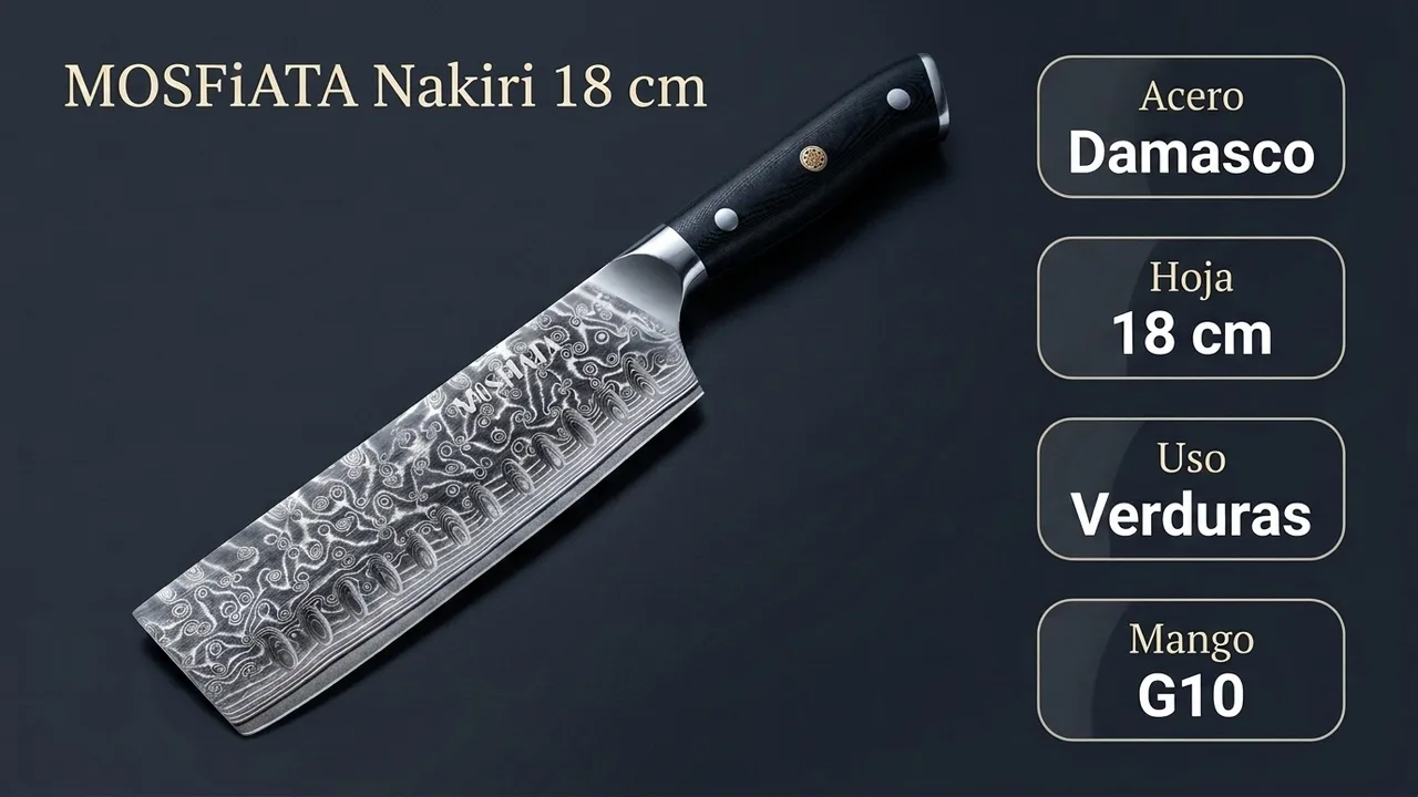 Datos del nakiri MOSFiATA: acero damasco, hoja de 18 cm para verduras y mango de G10