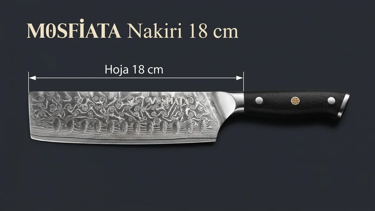 Nakiri MOSFiATA de damasco acotado: hoja rectangular de 18 cm y mango negro de G10