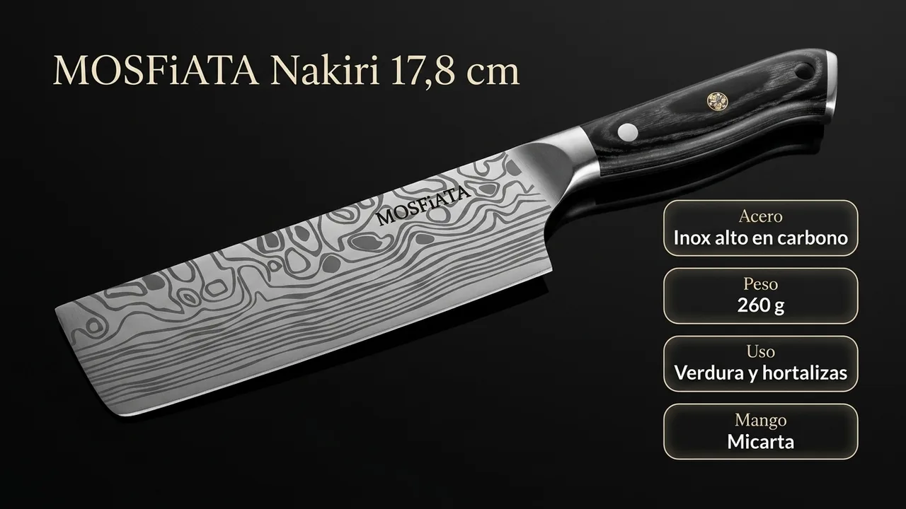 Datos del nakiri MOSFiATA: acero inoxidable alto en carbono, 260 gramos, pensado para verdura y hortalizas, con mango de micarta