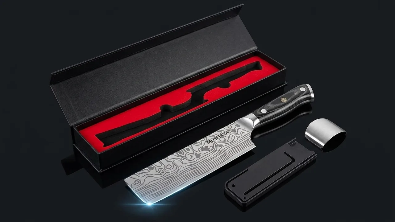 Nakiri MOSFiATA junto a su caja de regalo abierta con el interior rojo, la funda y el protector de dedos