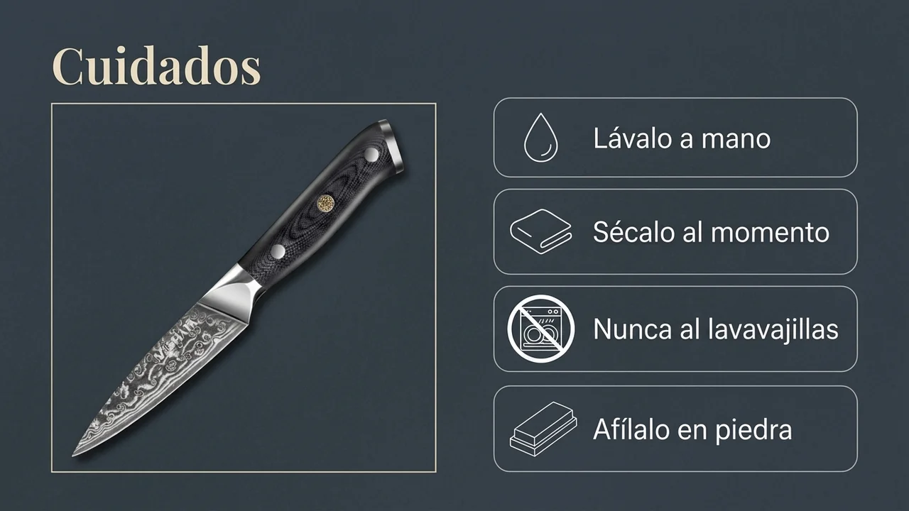 Cuidados del pelador MOSFiATA de damasco: lavar a mano, secar al momento, nunca al lavavajillas y afilar en piedra
