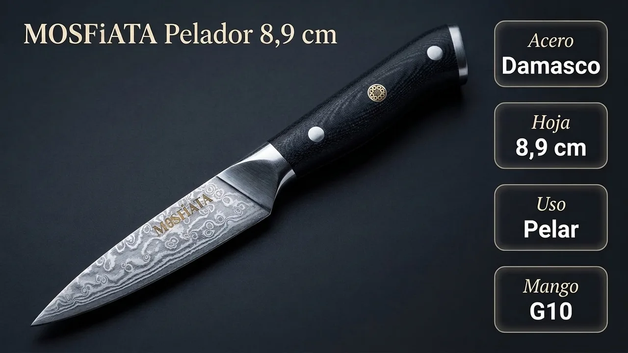 Datos del pelador MOSFiATA: acero damasco, hoja de 8,9 cm para pelar y mango de G10