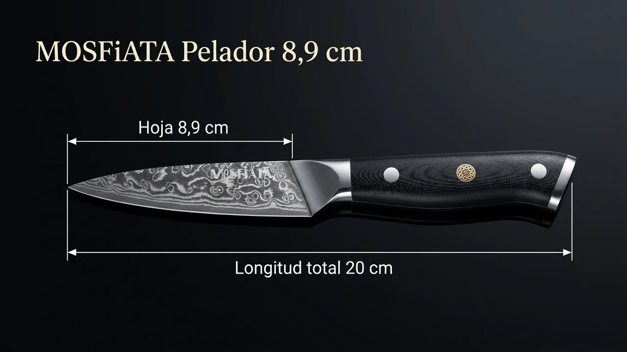 Cuchillo pelador MOSFiATA de damasco acotado: hoja de 8,9 cm y 20 cm de longitud total