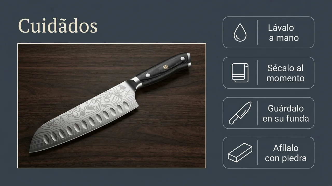Cuidados del santoku MOSFiATA: lavarlo a mano, secarlo al momento, guardarlo en su funda y afilarlo con piedra