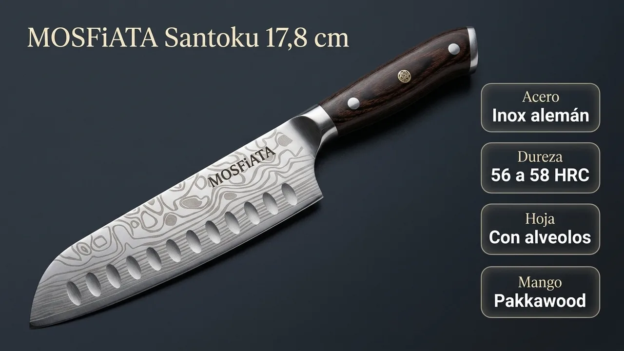 Datos del santoku MOSFiATA: acero inoxidable alemán de 56 a 58 HRC, hoja con alveolos y mango de pakkawood