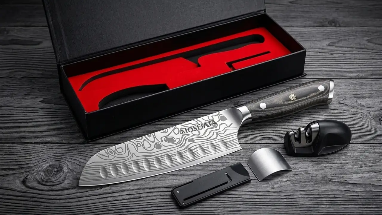 Santoku MOSFiATA con su caja de regalo abierta, el afilador de bolsillo y la funda protectora