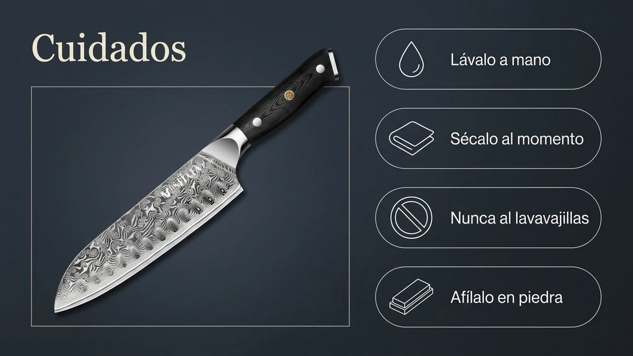 Cuidados del santoku MOSFiATA de damasco: lavar a mano, secar al momento, nunca al lavavajillas y afilar en piedra