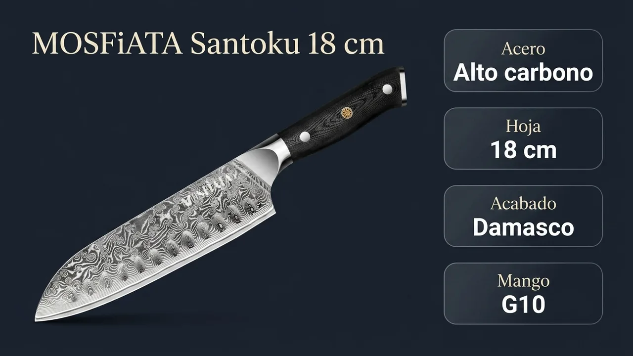 Datos del santoku MOSFiATA: acero de alto carbono con acabado damasco, hoja de 18 cm y mango de G10
