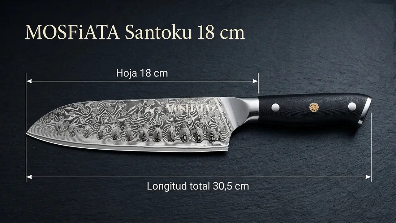Santoku MOSFiATA de damasco acotado: hoja de 18 cm y 30,5 cm de longitud total