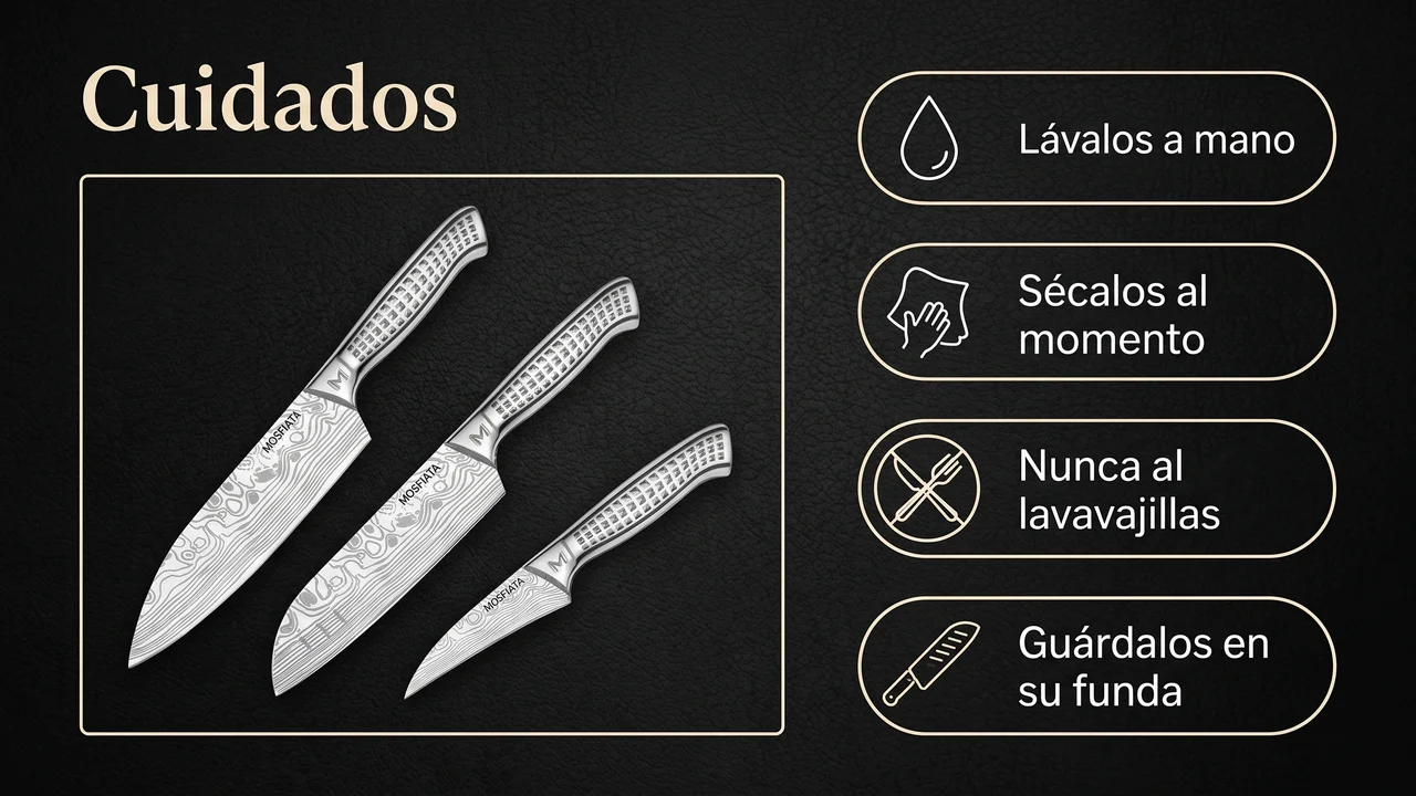 Cuidados del juego MOSFiATA de camping: lavado a mano, secado inmediato, nunca al lavavajillas y guardado en su funda