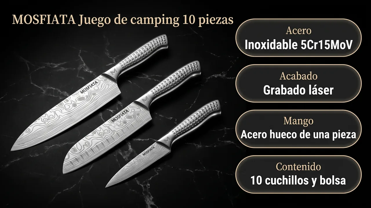 Datos del juego MOSFiATA de camping: acero inoxidable 5Cr15MoV, acabado de grabado láser y mango de acero hueco de una pieza